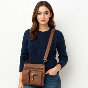 Fossil Sutter Tan Leather Crossbody Bag | Multi Pocket | Travel